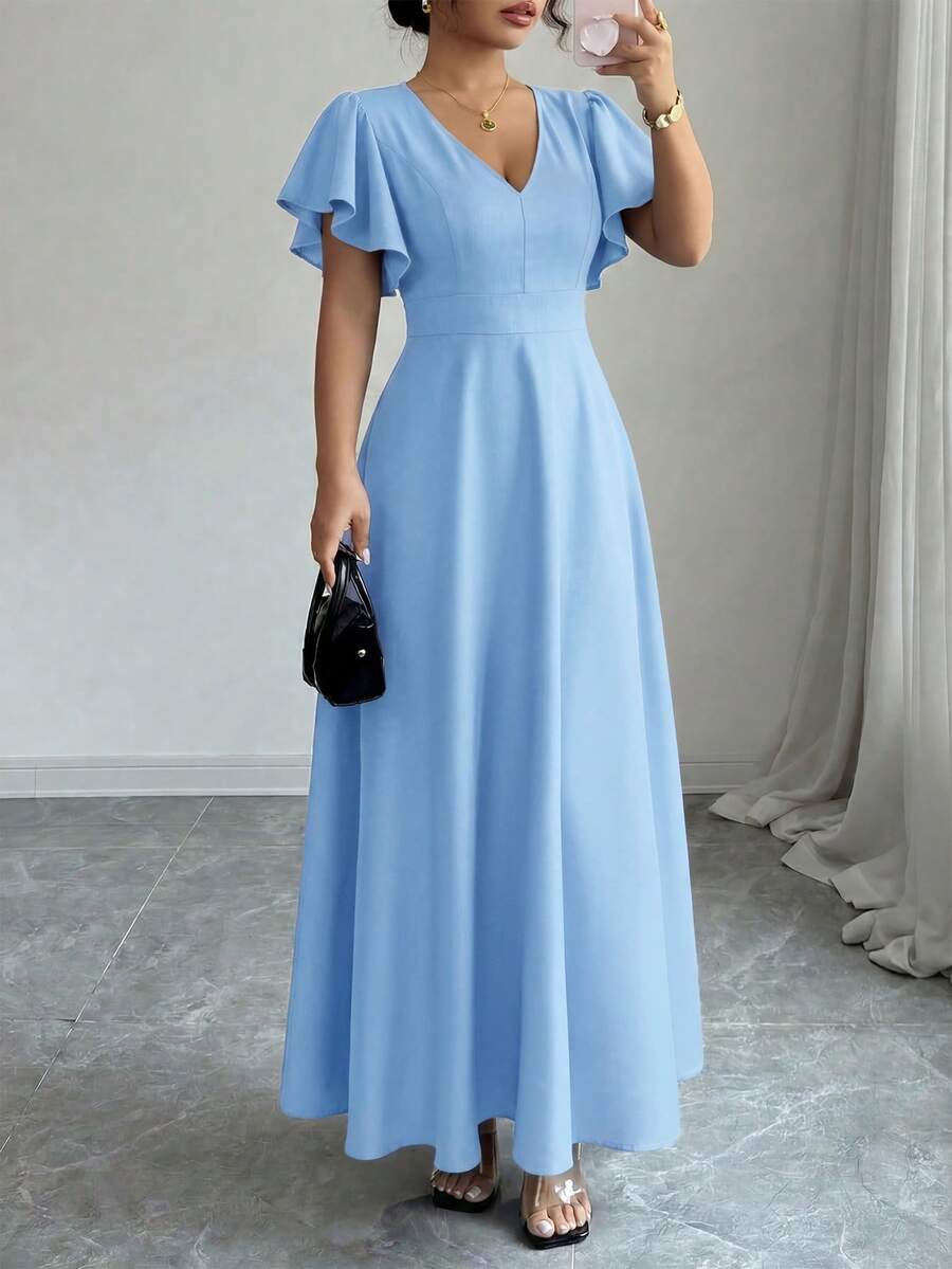 Elenzga Gaun A-Line Lengan Ruffle Leher V Musim Semi/Panas Wanita Ukuran Plus, Kain Tampilan Denim yang Elegan dan Romantis untuk Musim Gugur - Biru - View 1
