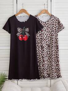 2 piezas Camisón de manga corta con cuello redondo y estampado de cerezas y leopardo, ropa de estar en casa elegante y linda para niñas - Negro - Ver 1