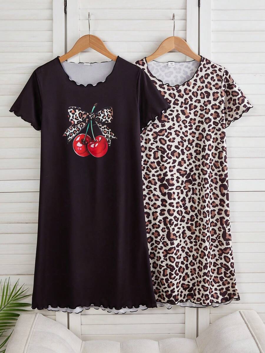 2 piezas Camisón de manga corta con cuello redondo y estampado de cerezas y leopardo, ropa de estar en casa elegante y linda para niñas - Negro - Ver 1