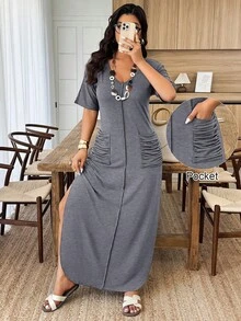 Weeklong Đầm dệt kim dáng suông cổ chữ V kẻ sọc hai túi xếp ly xẻ tà dành cho nữ cỡ lớn, thích hợp cho mùa xuân/hè. - Xám - Xem 1