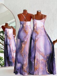 DreamSkyne Plus Size Ombre Starry Sky Print Pleated Dress Gym Brown Summer - Purple - View 1