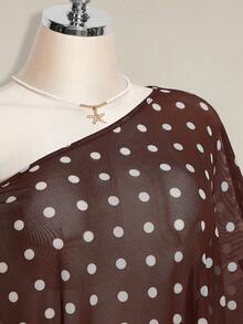 SHEIN ICON 大码女式黑白波点不对称肩部网纱上衣 - 棕色 - 查看 5