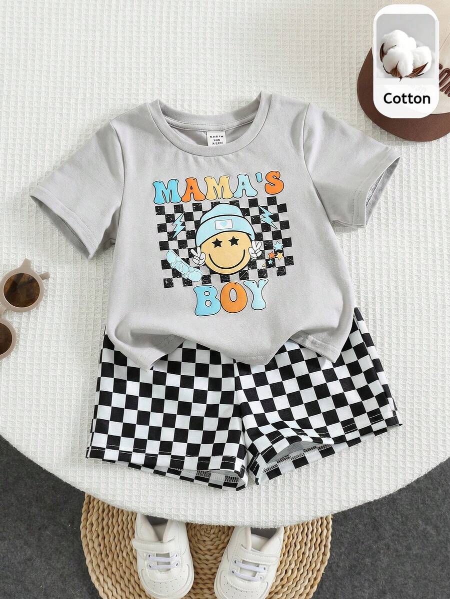 SHEIN 2件套男婴休闲格子短裤和宽松格子图案灰色短袖T恤套装，适合春夏季外出和度假。 - 彩色 - 查看 1