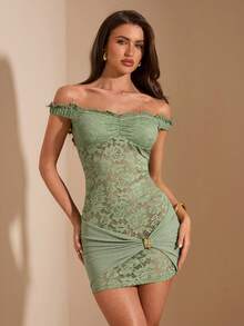 SHEIN BAE 女士纯色蕾丝拼接露肩迷你连衣裙 - 綠色 - 查看 6