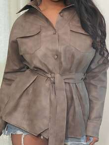 Chea Andrea 女士棕色 PU 纽扣前口袋系带长袖常规外套秋冬女装 - 棕色 - 查看 5