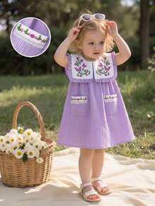Souflis Souflis Baby Girls' Summer New Arrival Cute Peter Pan Collar Butterfly Print Ruffle Decor Front Pocket Design Open Back Sweet Casual Princess Dress - Purple - View 3