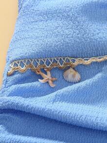 SHEIN Baby Blue Summer Cute Beach Vacation Holiday Starfish Halter Neck Cropped Top,Ruched Fitted Blouse For Tween Girls With Pearl Chain Marine Style - Baby Blue - View 5