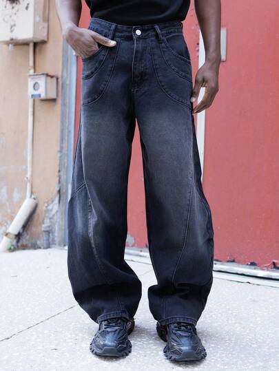 BelSigned BelSigned 1件 Justice Brother 休闲拼接宽松筒状牛仔裤，做旧水洗，街头风长裤（不含腰带和配饰）