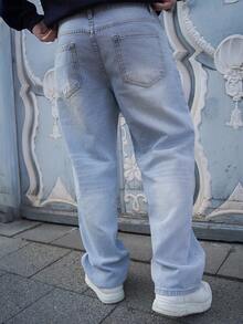 LEOGASHI LEOGASHI 男士 Y2K 直筒休闲水洗牛仔裤，简约黑色牛仔裤 - 淺色水洗藍 - 查看 2