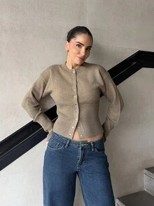Marta Soriano Short Slim Front Button Solid Color Long Sleeve Simple Casual Knit Cardigan,Sweater,Short Women's Sweater,Women's Sweaters,Knit Sweaters,Winter Women's Clothing,Fall Women's Clothing,Cardigans For Women,Fall,Fall Clothes For Women - Army Green - View 6
