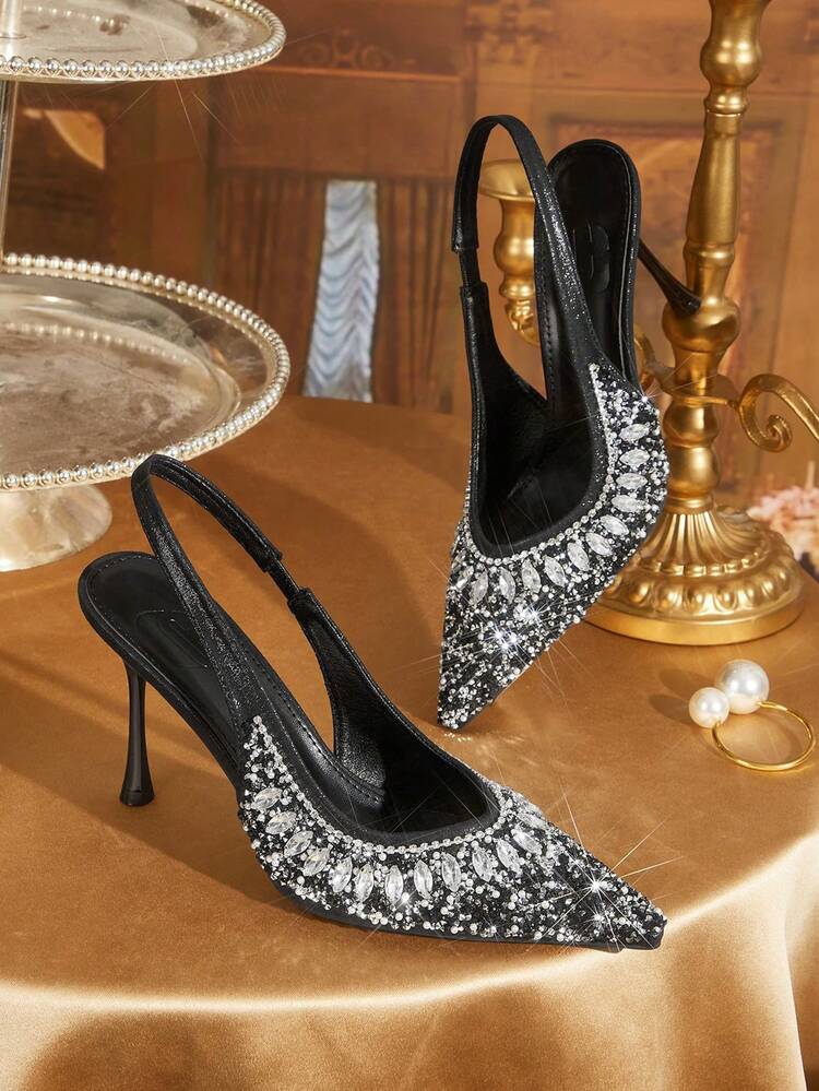 CUCCOO TILAWA Women Shoes Black New Pointed Stiletto Back Lift Fashion Gorgeous Rhinestone Sexy Banquet Party Night Club Women's High Heel Shoes Slingback Shoes Women's Shoes