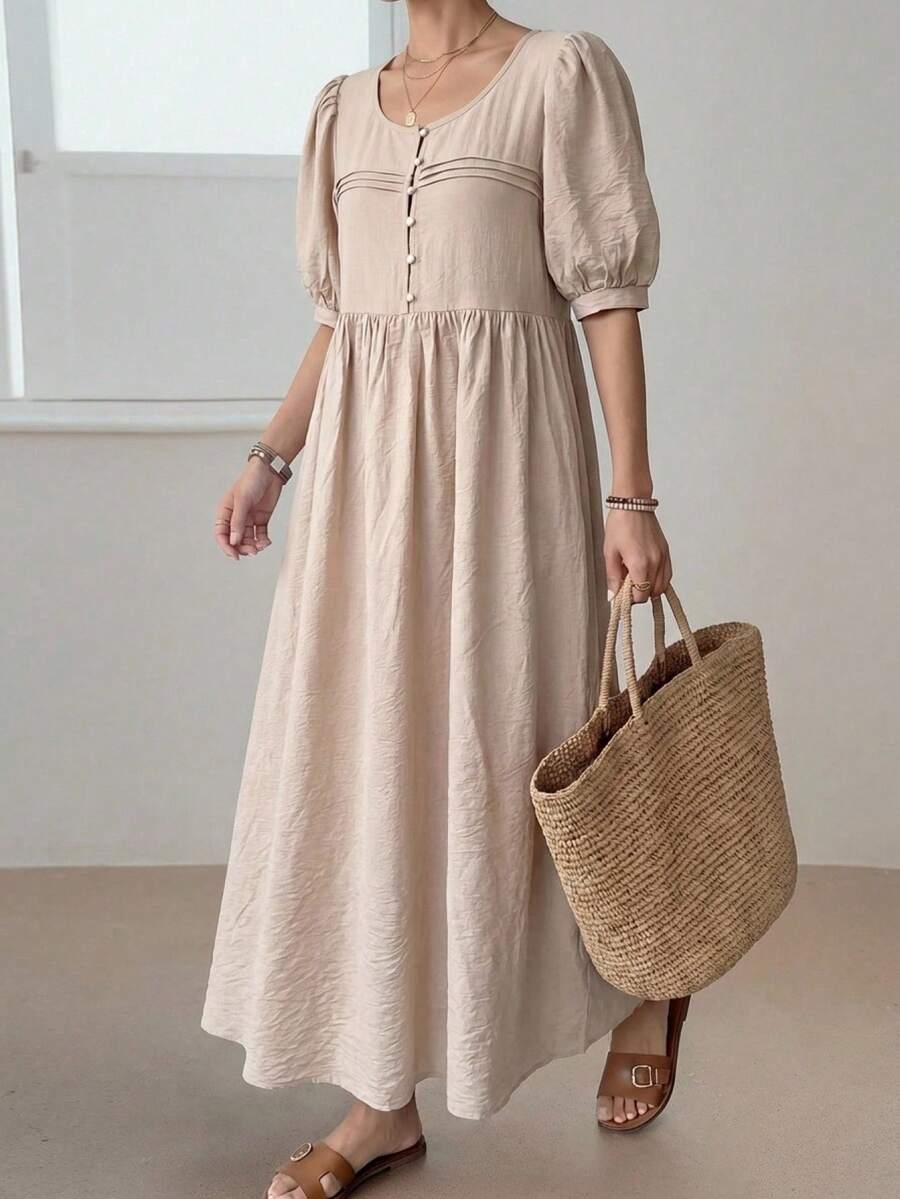 EMERY ROSE 女士休闲纯色泡泡袖连衣裙，适合度假 - 杏色 - 查看 1