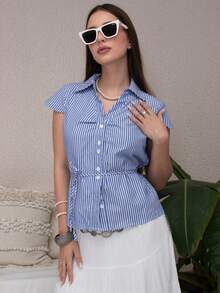 Duda Rubert 休闲风格收腰前开连帽短袖衬衫 - 藍白色 - 查看 3