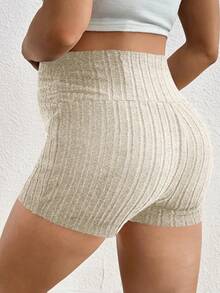 SHEIN Quần short gân cạp cao có thể điều chỉnh màu trơn cho bà bầu - Màu be - Xem 2