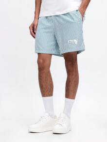 SUMWON Quần short nam mùa hè dáng suông kẻ sọc dọc, có túi bên hông, dây rút eo, kiểu Bermuda, thích hợp cho kỳ nghỉ biển. - Màu xanh lam - Xem 4