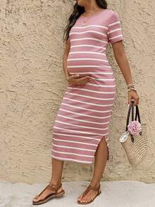 SHEIN Maternity Striped Round Neck Short Sleeve Side Slit Hem Casual Dress - Pink - View 3