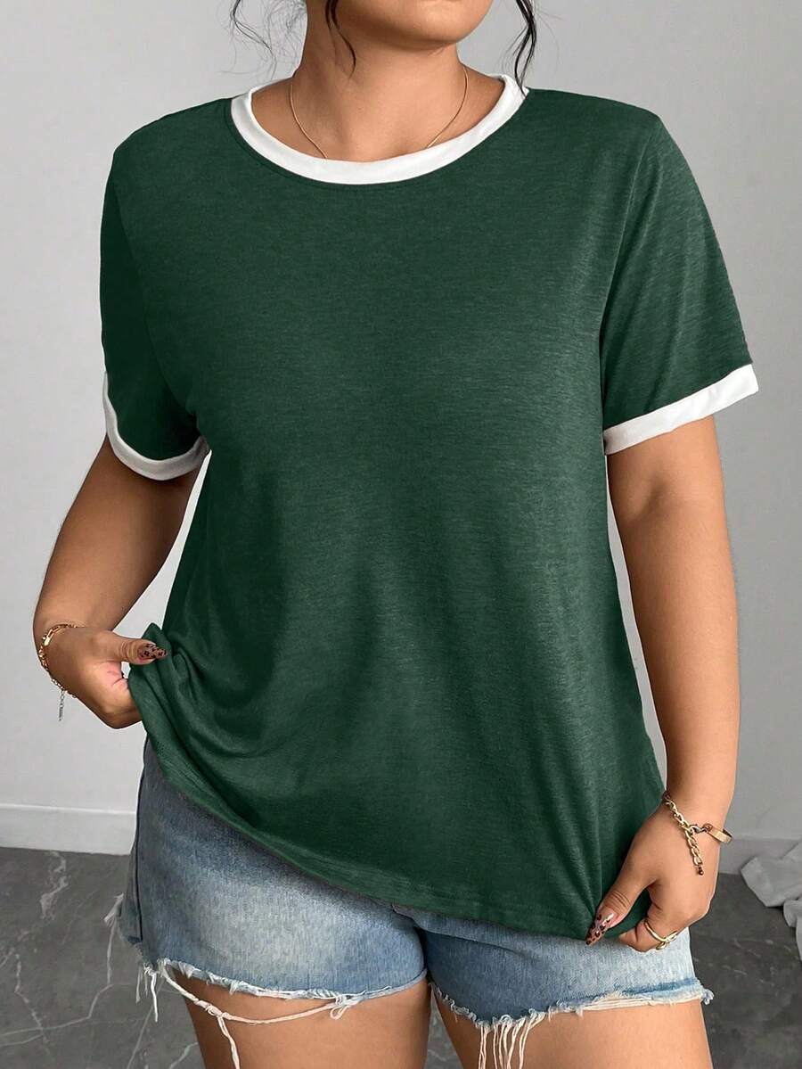 SHEIN LUNE Áo thun nữ cỡ lớn cổ tròn tay ngắn phối màu tương phản, kiểu dáng thường ngày, đa năng. - màu xanh lá - Xem 1