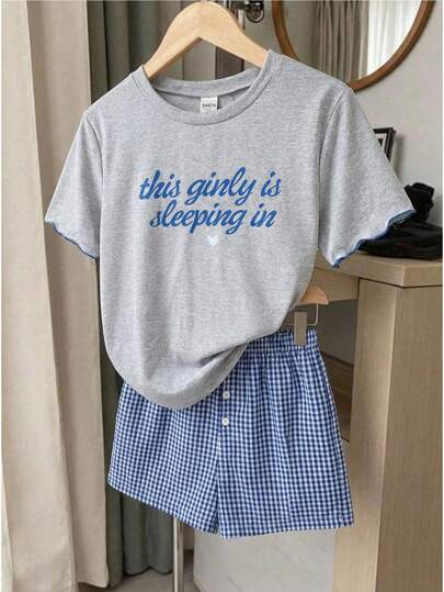 2件套少女碎花短袖圆领T恤和格子短裤休闲家居服套装，春夏款