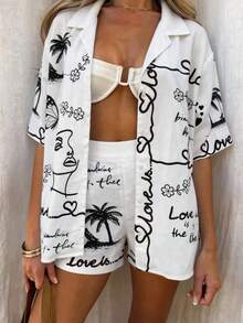 Vaclyn 女士字母印花单排扣上衣和短裤休闲日常套装 - 杏色 - 查看 3