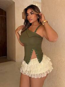 女式夏季金属孔眼不对称下摆修身吊带背心 - 軍綠色 - 查看 3