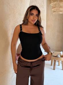 Maria Perezxox 女士时尚百搭黑色搭扣方领吊带背心 - 黑色 - 查看 5