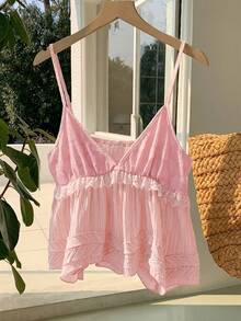 Comfortcana Camiseta de tirantes casual de unicolor con ribete de encaje para mujer - Rosa - Ver 5