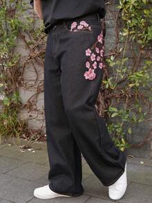 LEOGASHI LEOGASHI Men's Street Fashion Casual Plaid Embroidered Floral Design Straight Leg Wide Leg Jeans Baggy Jeans With Design Valentine's Day Y2k Spring To Summer - Black - View 4