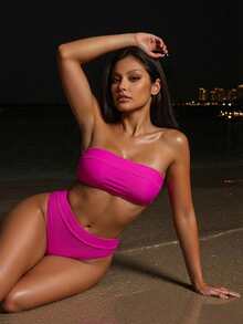 Conjunto De Traje De Baño De Dos Piezas De Color Liso - Rosa Fucsia - Ver 3