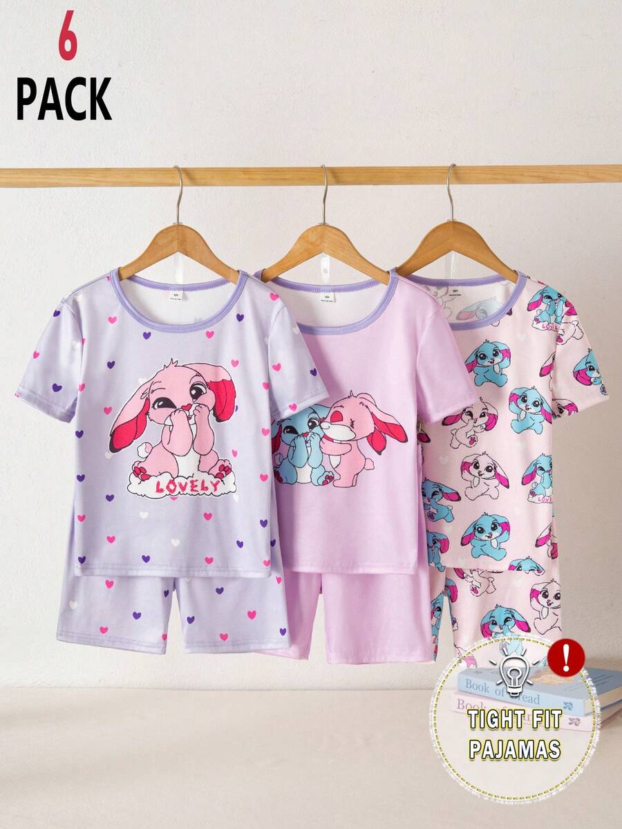 6pcs/Set Piyama Celana Pendek Rajut Leher Bulat untuk Anak Perempuan Besar, Motif Kelinci Biru & Magenta Lucu, Modis, Serbaguna, Cocok untuk Pakaian Rumah & Tidur - MultiWarna - View 1