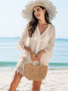 Swim Vcay Women's Summer Vacation Beach Lace Patchwork Front Button Kimono Cover Up - Apricot - View 6