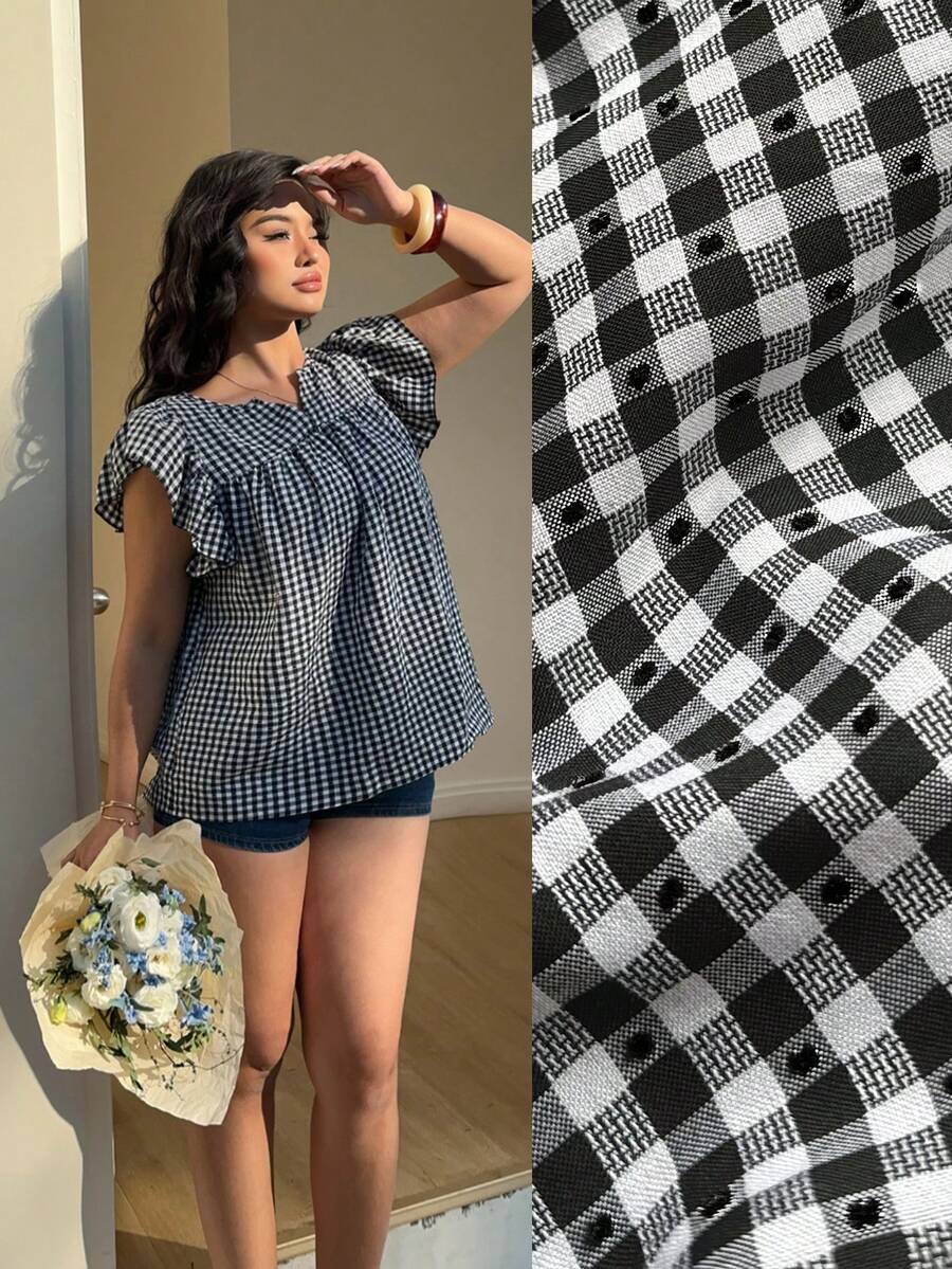 Sunnyshic Plus Size Women's Black And White Notch Neck Vintage Plaid Embroidered Blouse,Flutter Sleeve Design,Summer Casual Picnic Beach Shirt, Vacation - Multicolor - View 1