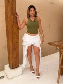 Maria Perezxox 复古风荷叶边领无袖衬衫，腰部收紧设计，夏季女士时尚 - 軍綠色 - 查看 4