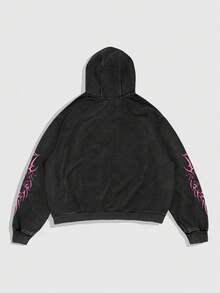 ROMWE MEN Street Life Spring Men's Casual Graphic Print Zip-Up Hoodie Sweatshirt, Autumn, Y2K - Black - View 6