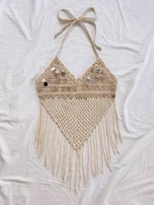 Soleia Áo hai dây dệt kim cổ buộc dây, phối sequin, tua rua, viền tua rua, gợi cảm dành cho nữ, thích hợp cho kỳ nghỉ biển. - Màu be - Xem 3