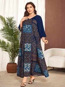 Lacomfia Plus Size Women's Spring/Autumn Floral Print Patchwork Loose 3/4 Sleeve Summer Vacation Modest Navy Blue Long Elegant Formal Dress - Navy Blue - View 3