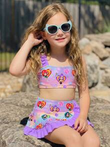 SHEIN Young Girl Letter & Cartoon Print Bikini Set With Mini Skirt, Suitable For Summer Vacation & Beach - Multicolor - View 5