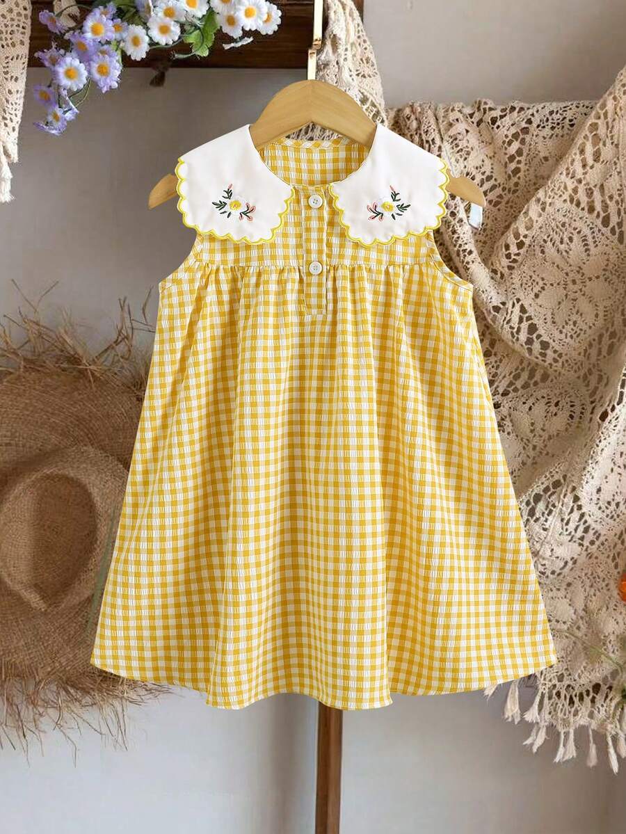 Elladie kids 女童刺绣彼得潘领可爱格子休闲连衣裙 - 黃色 - 查看 1