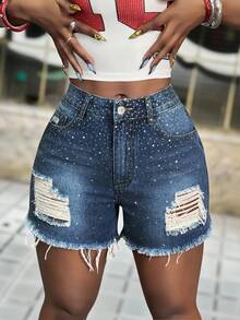 Slaydiva Women's Casual Denim Shorts With Pockets, Distressed Holes And Rhinestone Decor Ladies Y2k Summer Ripped Shorts Rhinestone Shorts - Blue - View 1