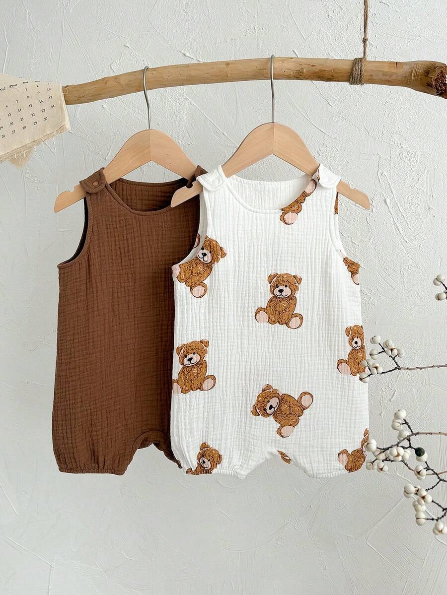 SHEIN Set de 2 piezas de pelele sin mangas con estampado de oso lindo para bebé recién nacido niño/niña, para verano - Marrón - Ver 1