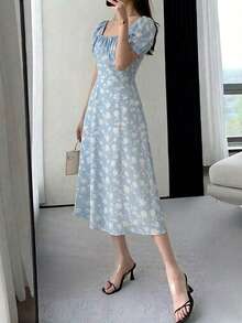 INAWLY Women's Floral Print Square Neck Petal Sleeve Elegant Dress - Baby Blue - View 3