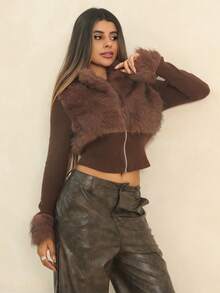 Rayane Ketlyn 时尚街头风格女士仿皮毛拉链长袖夹克 - 棕色 - 查看 1