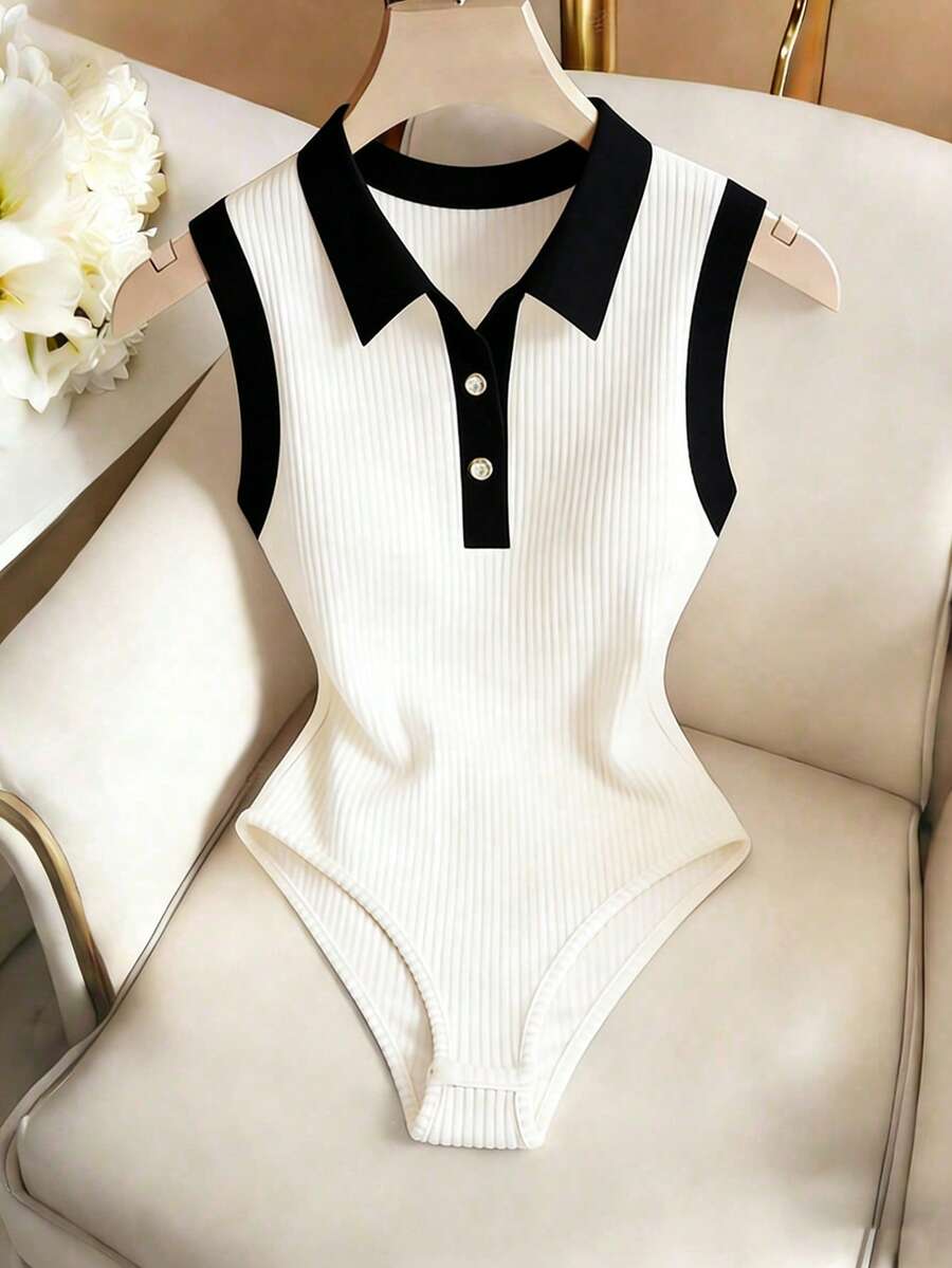 Franclia 休闲连体衣、优雅连体衣、夏季连体衣、沙滩连体衣、度假连体衣、翻领短袖毕业连体衣、黑白撞色连体衣 - 黑與白 - 查看 1