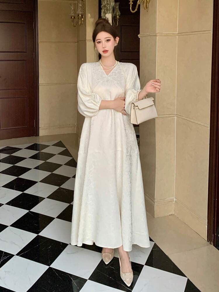 Women's V-Neck Lantern Sleeve Jacquard Elegant Long Dress Sun Dresses For Women