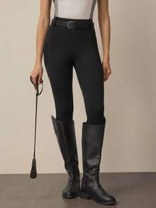 SHEIN With My Calm Women's Spring/Summer Equestrian Pants, Black Skinny 3/4 Length With Waistband, Double Layer Pockets, Suitable For Daily Casual, Running, Yoga, Gym, Tennis, Golf, Horse Riding Black Pants - Black - View 5
