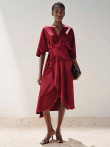 Aveloria Modichic Dunkelrot, Herbst, elegant, Party-Midi-Kleid aus Satin-Acetat-Stoff, figurbetont und ausgestellt, A-Linie, V-Ausschnitt, Wickelkleid, Metall-D-Ring-Gürtel, asymmetrischer Drapier-Saum, Fledermausärmel - Bordeaux - Übersicht 4
