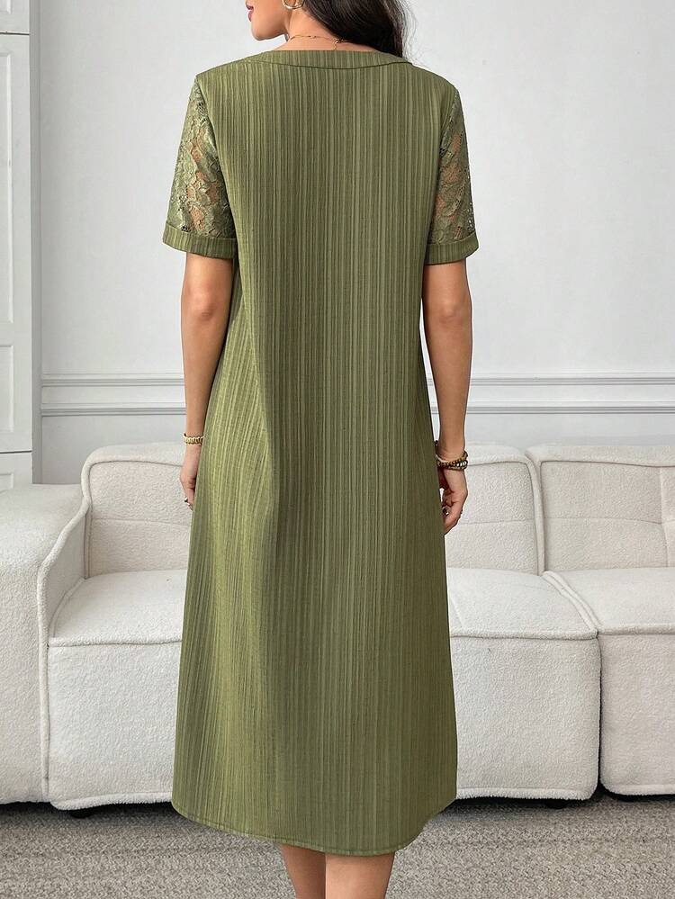 Women's Casual Lace Patchwork V-Neck Mid-Length Dress,Summer Dresses For Women Latest Dress Style For Women Causal Dresses For Women Summer Zanea Dress For Woman Vintage Outfit For Women,Summer Dress,Vacation Outfits Women,Green Dress