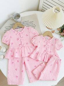LMoss Kids 2pcs Baby Girl Woven Striped Petal Sleeve Casual Shirt And Loose Fit Pants Set - Multicolor - View 4