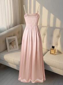 SHEIN Franclia Women's Solid Color Faux Pearl Strap Pleated Design Elegant Side Slit Hem Camisole Dress - Pink - View 2