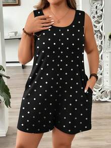 EMERY ROSE Macacão feminino plus size casual preto com estampa de bolinhas brancas, ideal para férias de verão. - Multicolorido - Ver 6
