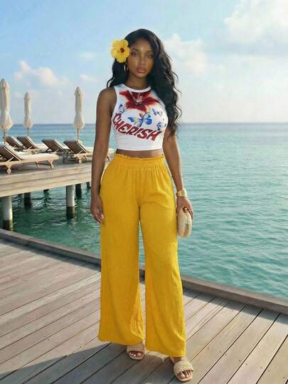 Slaydiva 2025 Spring/Summer New Hot Selling Casual Vacation Slim Fit White Floral Print Cropped Tank Top + High-Waisted Wide-Leg Textured Pant Women Two Pieces Set. Suitable For Everyday Wear, Shopping, Party, Travel, Airport Outfits, Brunch Outfits, Vacations, Bohemian Style, Beachwear, Wedding Season, Dates-A